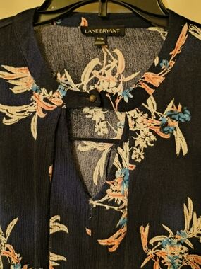 Lane Bryant Navy Floral Keyhole Blouse with Coral and Aqua Accents